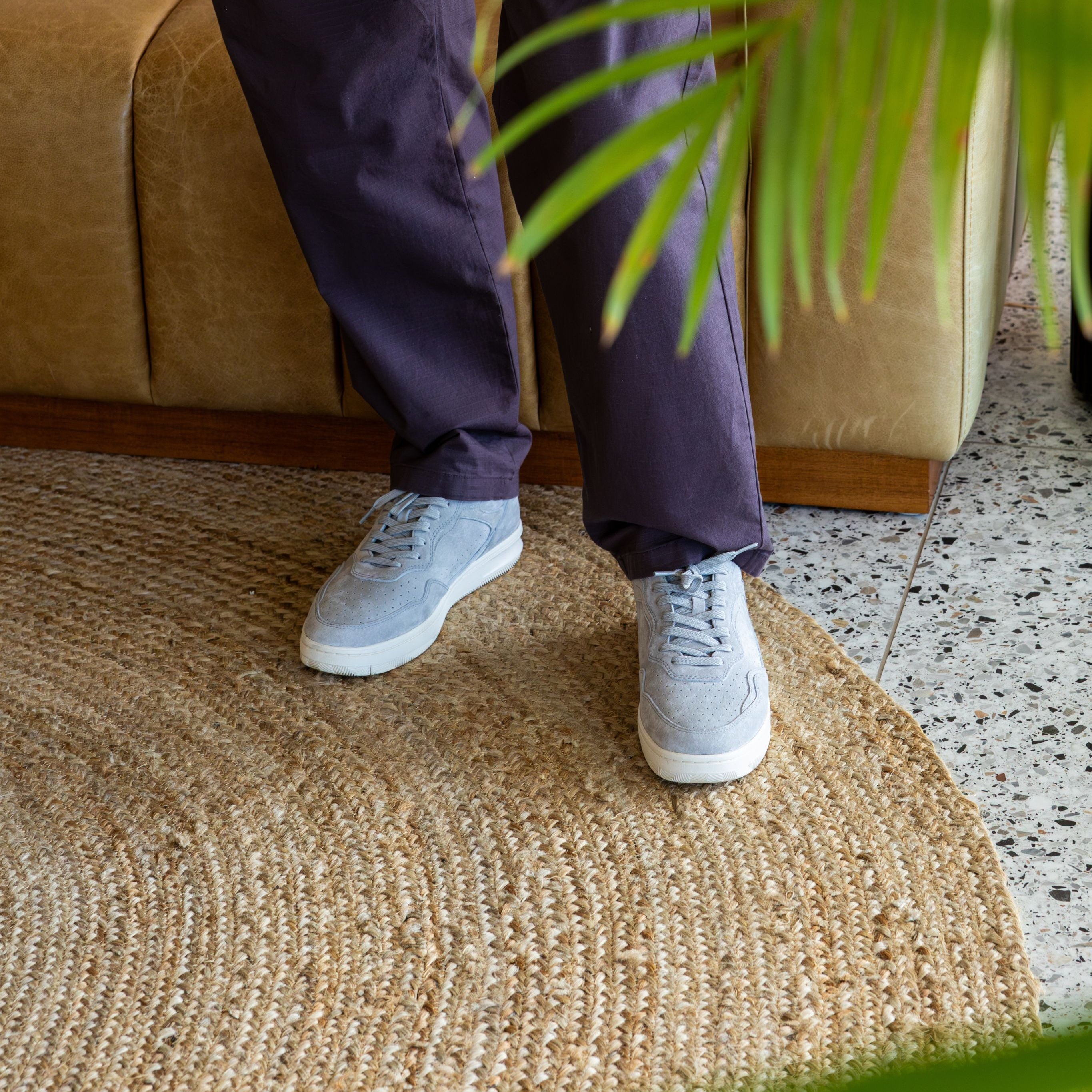 Top view of Haywood court shoe in Quiet Gray Suede, showing suede and Italian leather upper with intricate detailing.