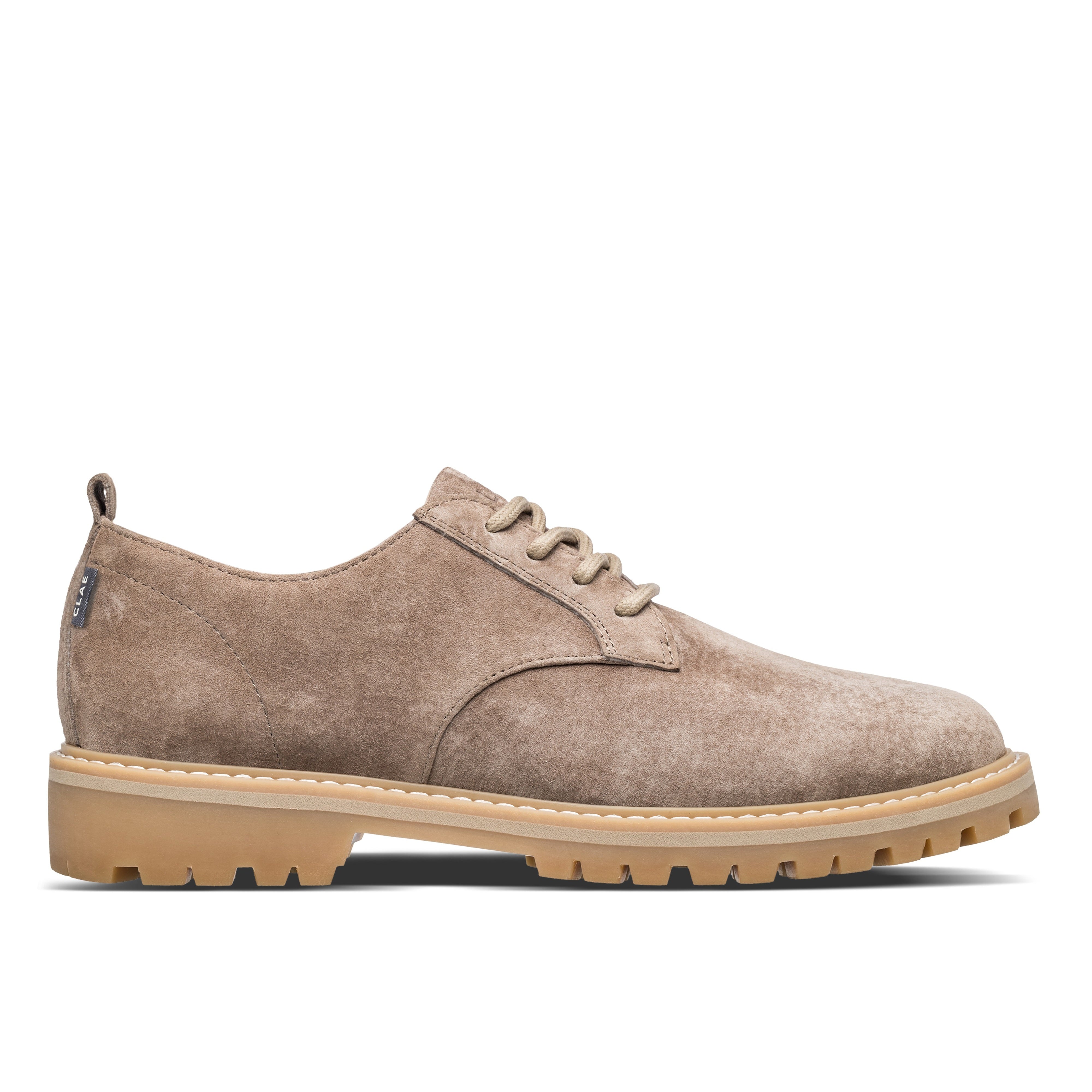 Logan Heritage Collection derby shoe in Silver Mink Suede with suede upper, combining classic round-toe style with comfort and lug sole construction.