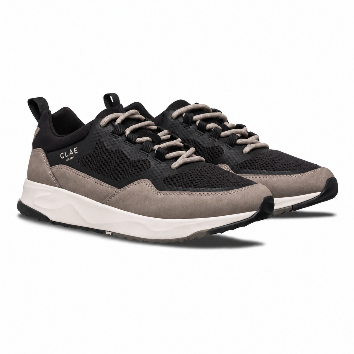 CLAE Milo Black Fallen Rock – three-quarter pair with Fallen Rock grey round laces
