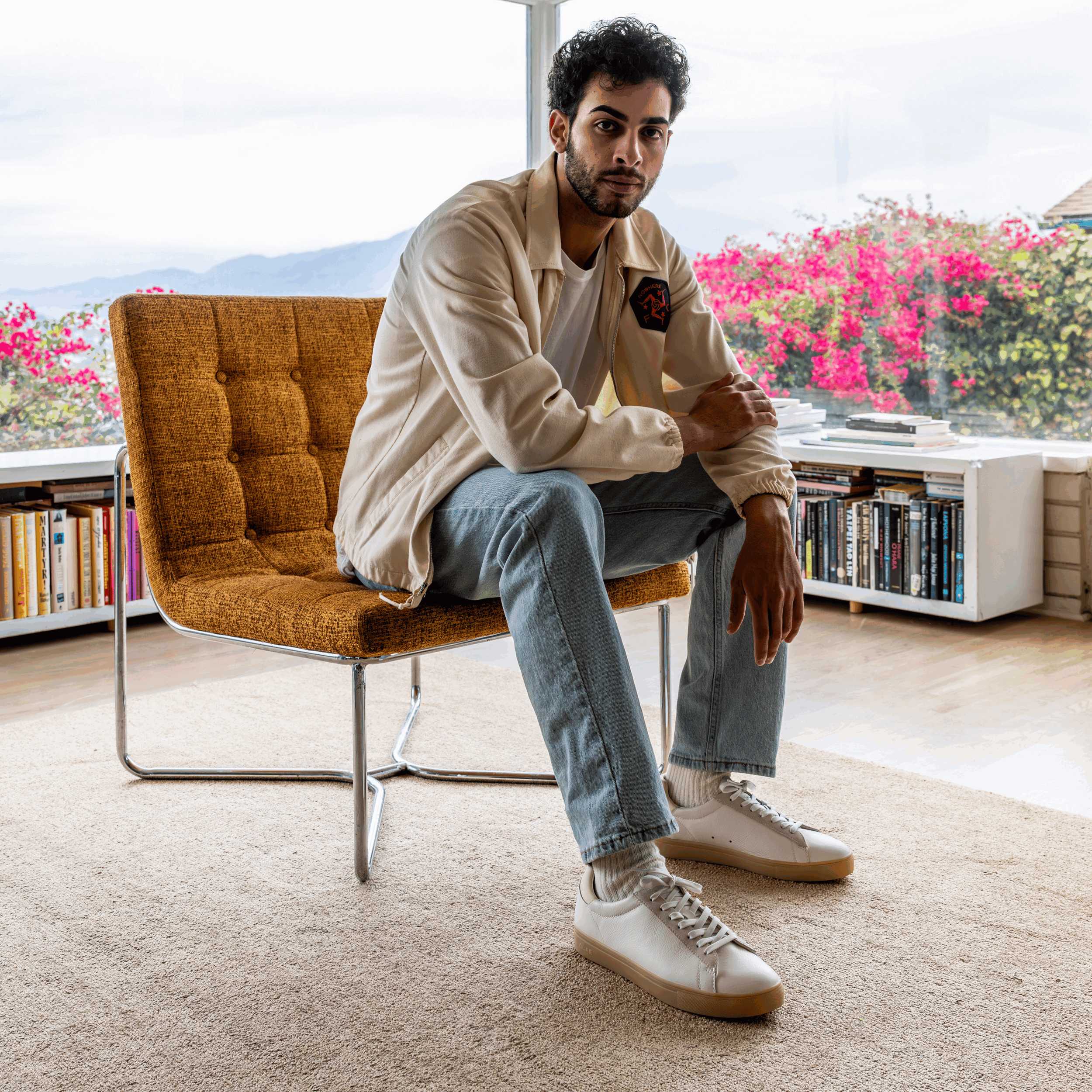 Bradley court shoe in White Off-White Light Nat Gum worn in casual lifestyle setting, highlighting comfort, elegance, and premium materials.