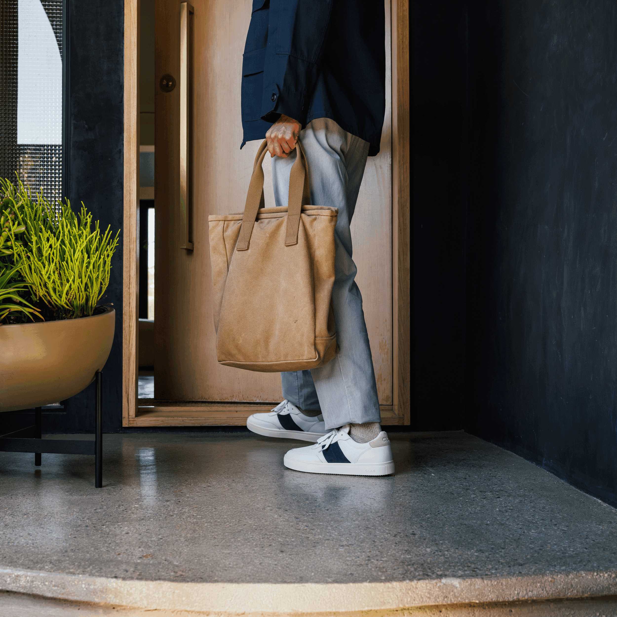 Top view of Davis court shoe in White Navy Wood Ash, showing Italian leather, suede, and recycled poly upper with intricate detailing.