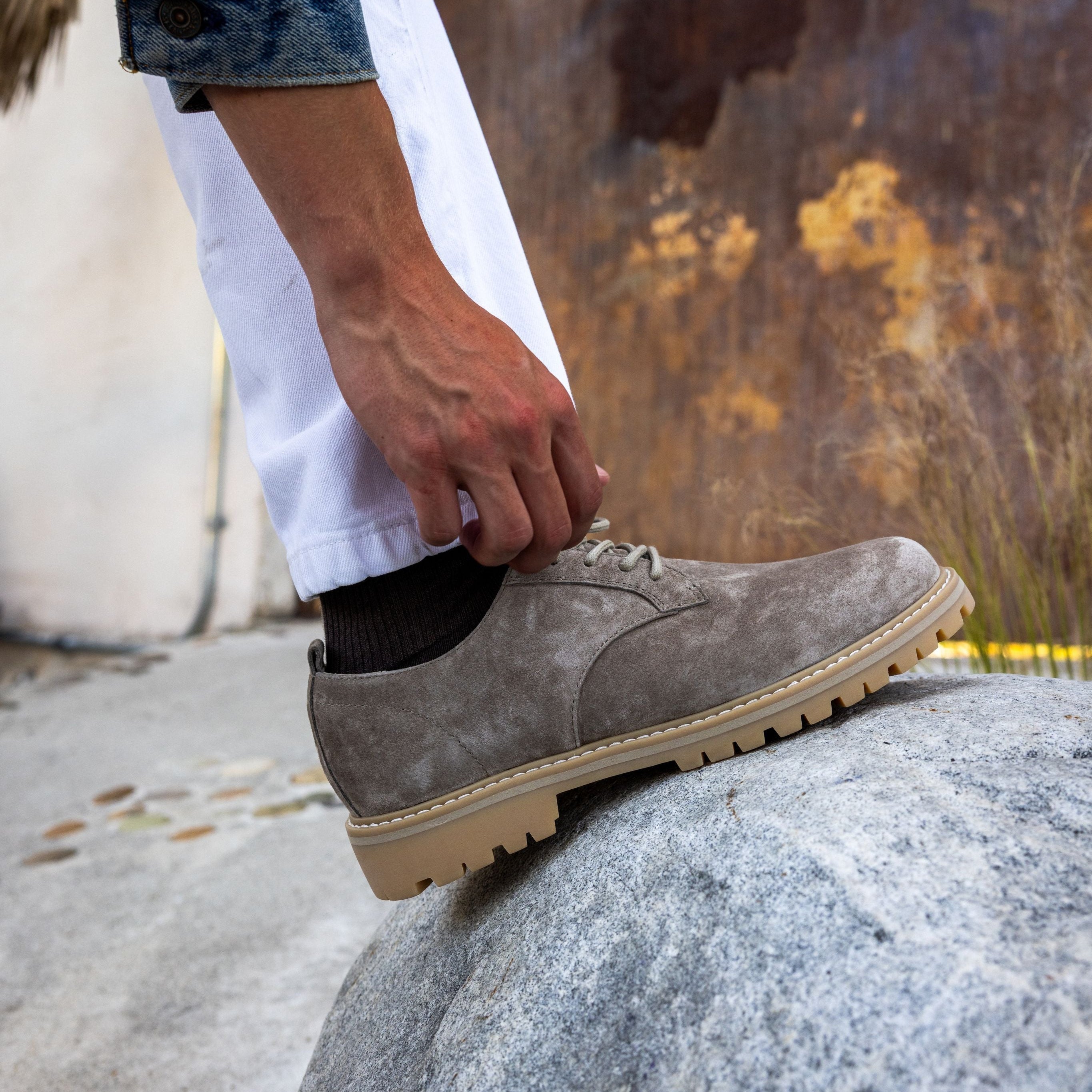 Top view of Logan Heritage Collection derby shoe in Silver Mink Suede, showing round-toe design and suede upper.